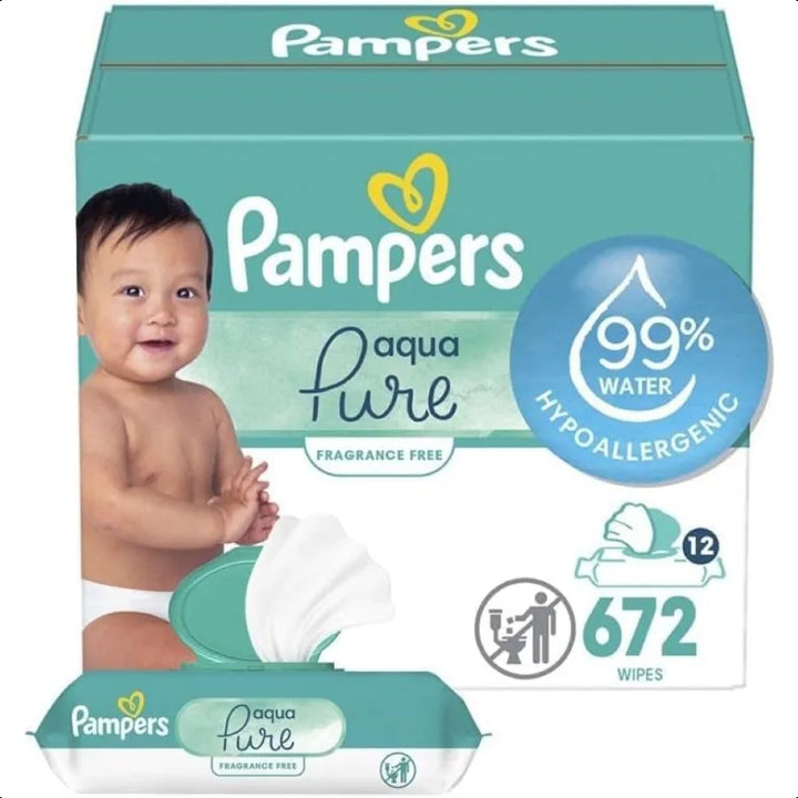 Pampers Aqua Pure Baby Wipes – 672 Unscented Water-Based Wipes