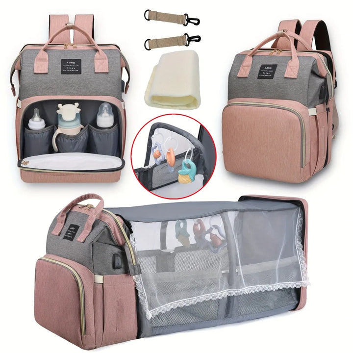 Portable Mommy Bag with Foldable Crib – Travel Diaper Backpack