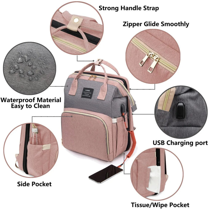 Portable Mommy Bag with Foldable Crib – Travel Diaper Backpack