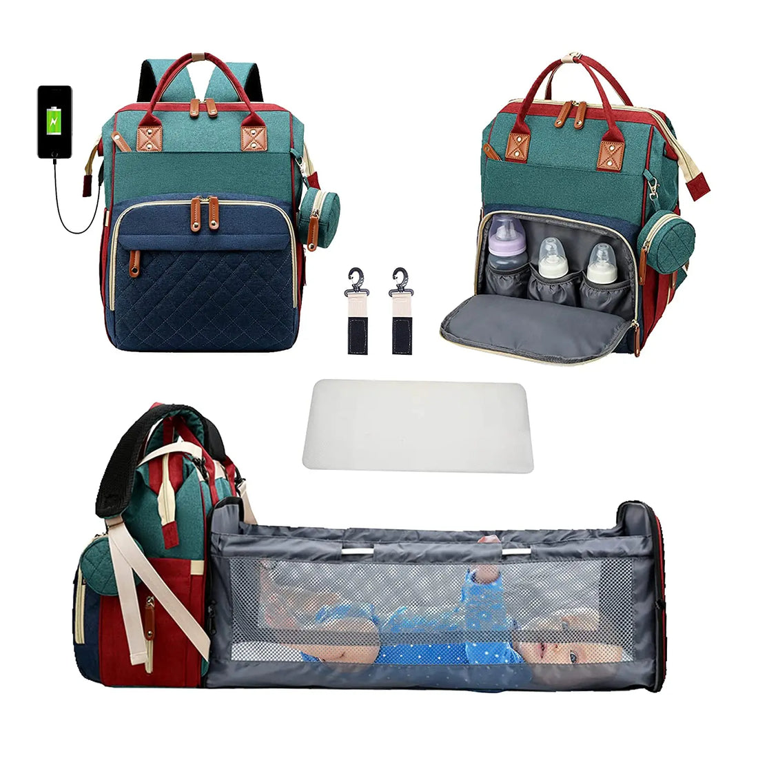3-in-1 Foldable Diaper Bag Backpack with USB