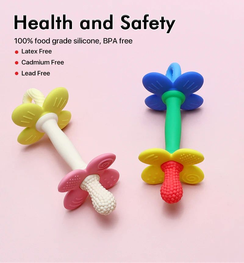 2-in-1 Silicone Flower Teether – Soft, BPA-Free Baby Toy