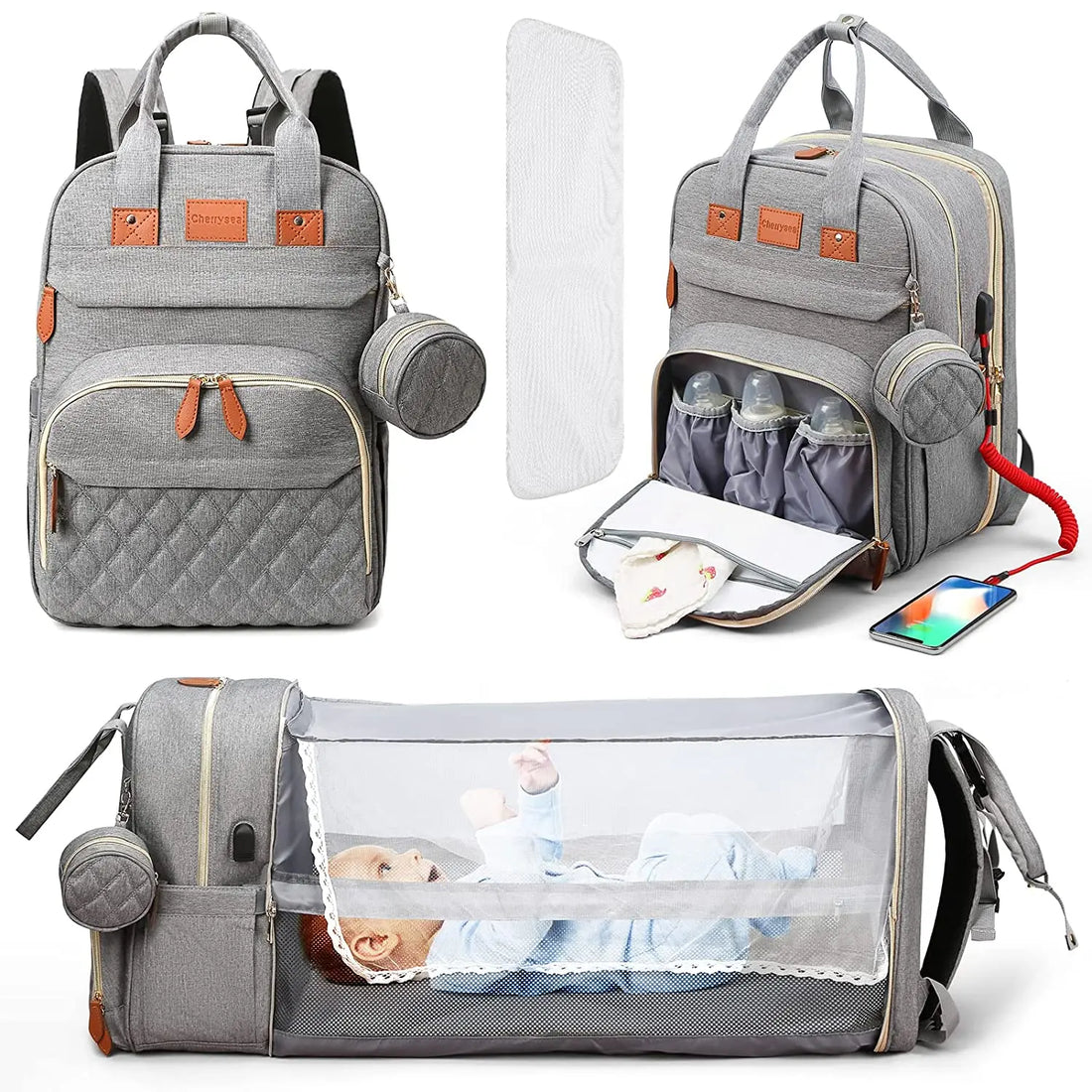 3-in-1 Foldable Diaper Bag Backpack with USB