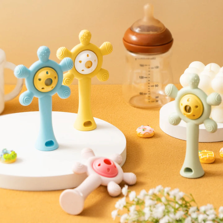 Colorful Silicone Teether & Rattle Toy – Sensory Ring for Babies