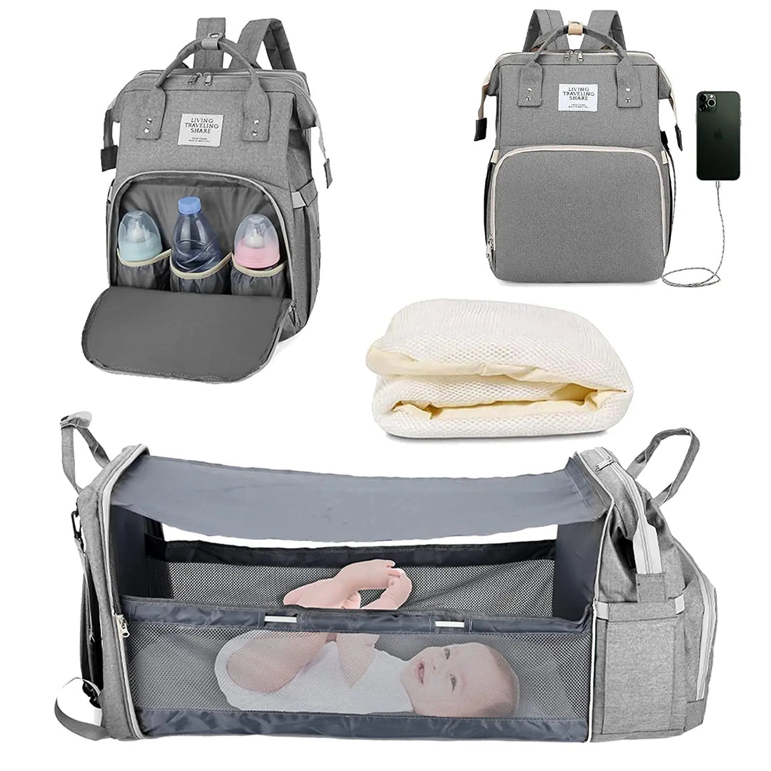 3-in-1 Foldable Diaper Bag Backpack with USB