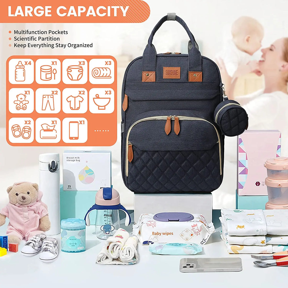3-in-1 Foldable Diaper Bag Backpack with USB