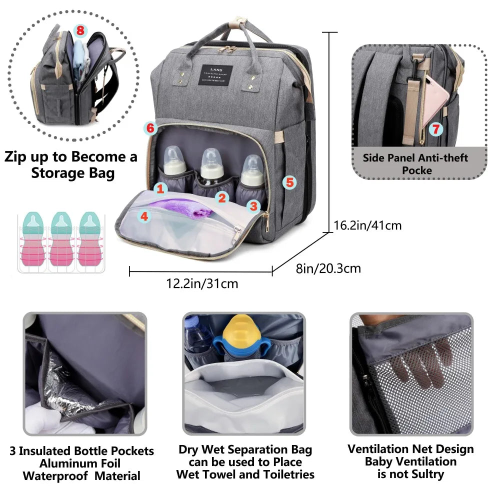 Portable Mommy Bag with Foldable Crib – Travel Diaper Backpack