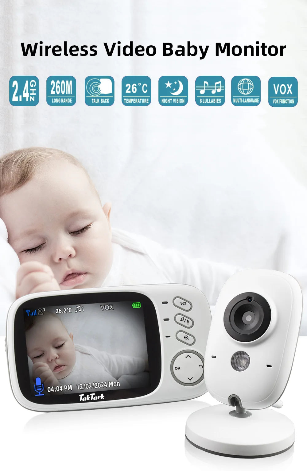 TakTark 3.2" Wireless Video Baby Monitor – Night Vision & Lullabies