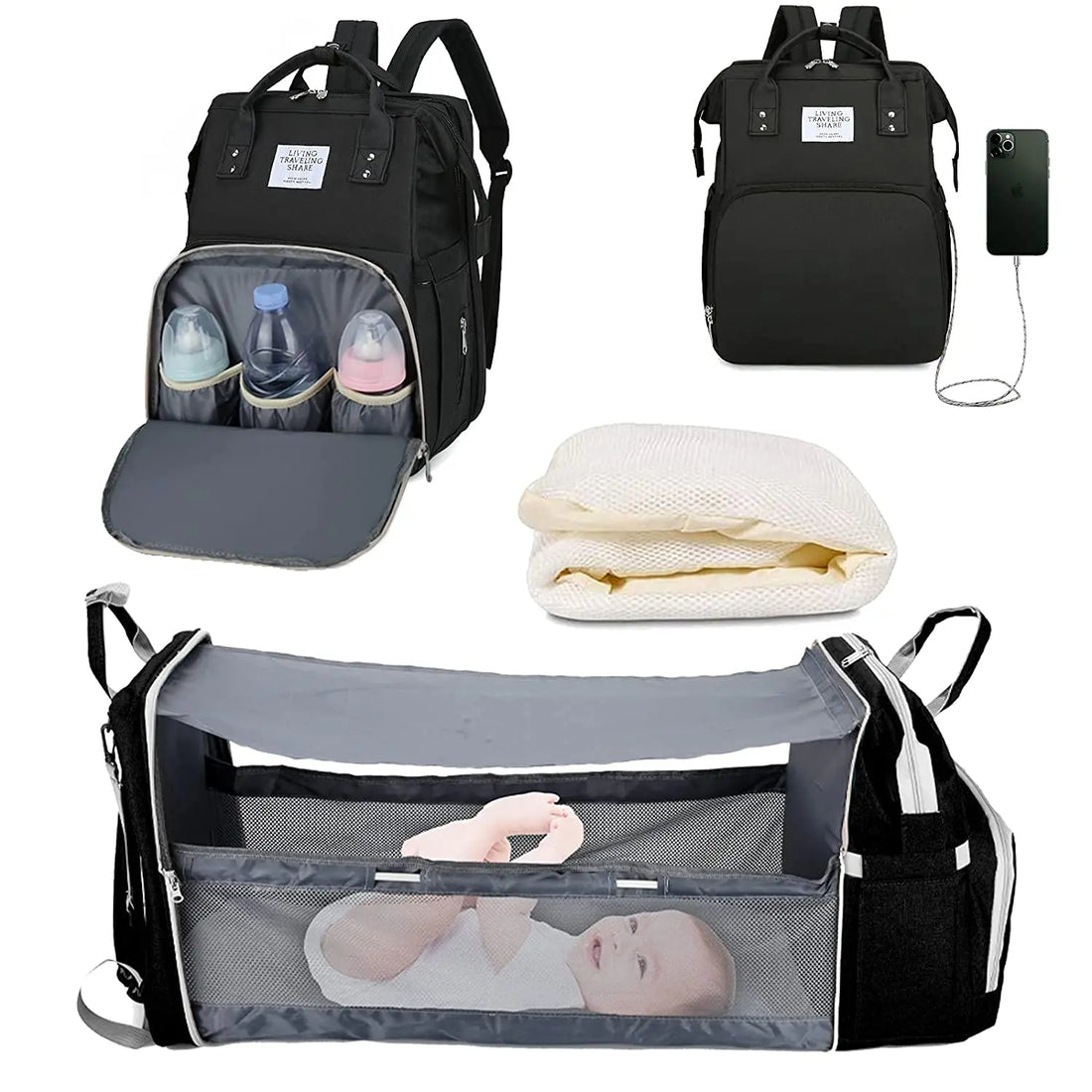 3-in-1 Foldable Diaper Bag Backpack with USB