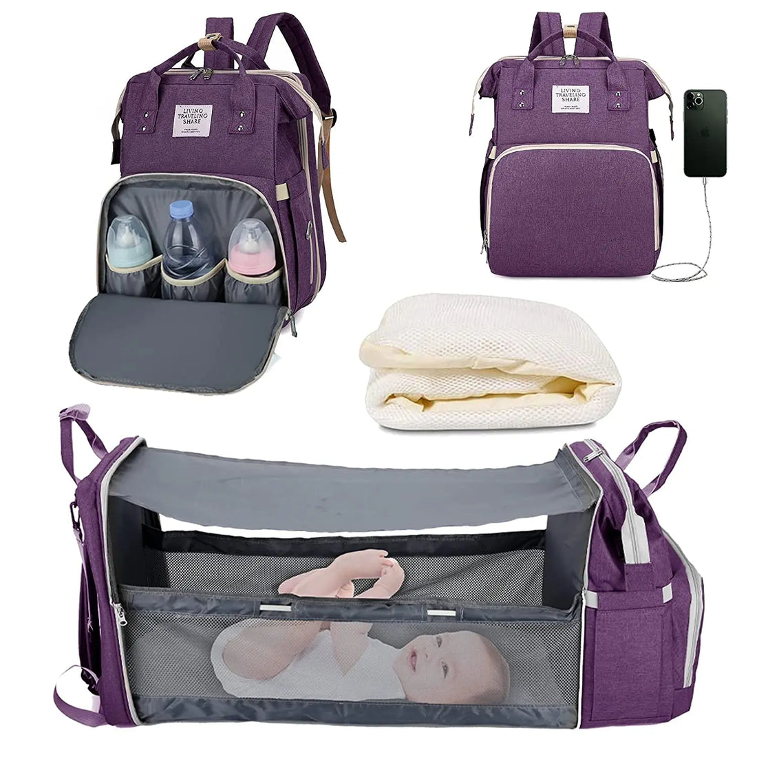 3-in-1 Foldable Diaper Bag Backpack with USB