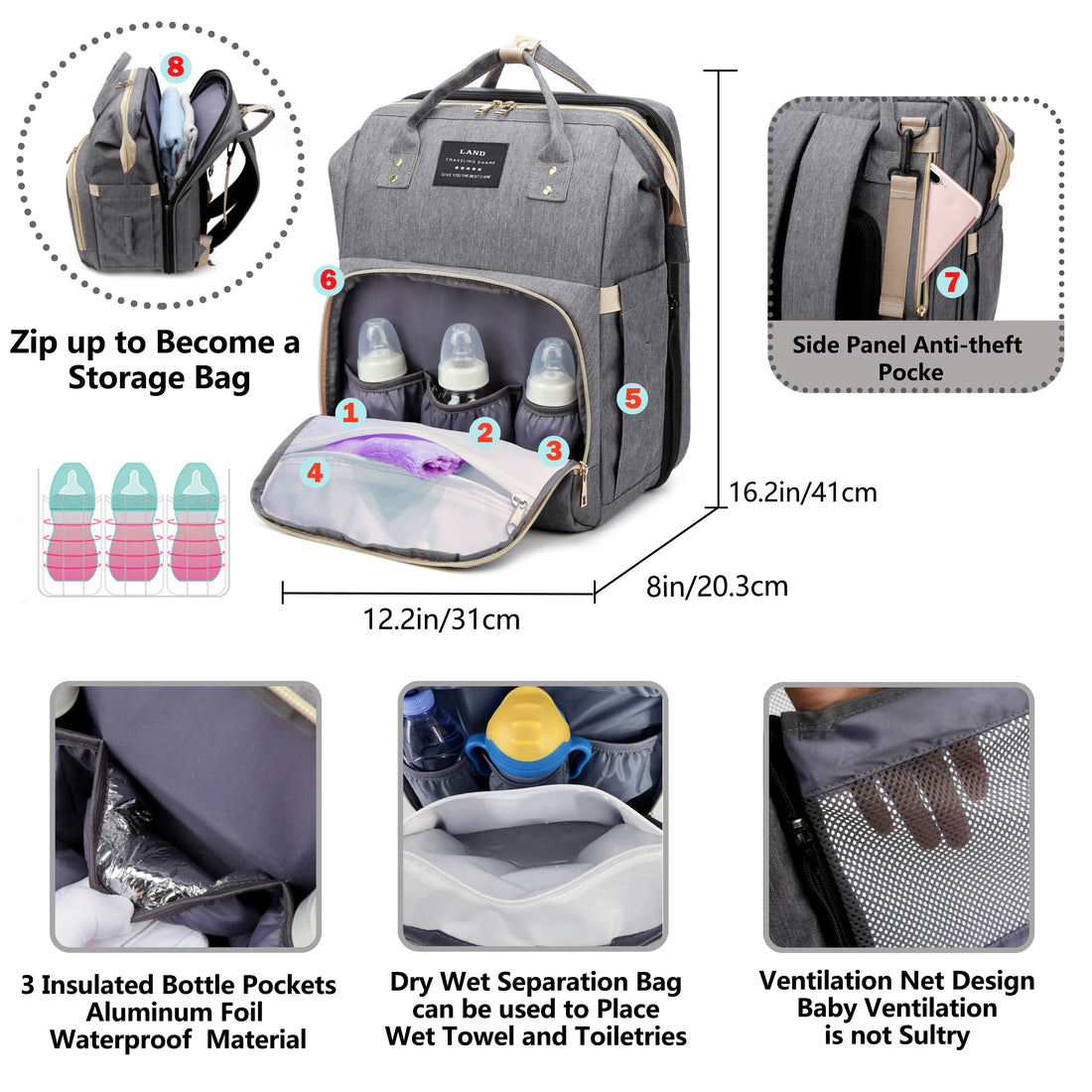 Portable Mommy Bag with Foldable Crib – Travel Diaper Backpack